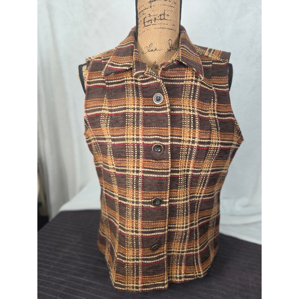 Women Button-Up Vest Textured Woven Earthtone Plaid Christopher & Banks Lg 2000s